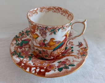 Royal Crown Derby Bird of Paradise Teacup and Saucer in Olde Avesbury Pattern