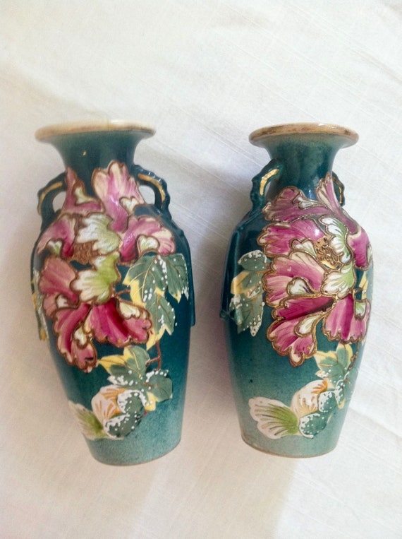 Vintage floral vases set of two green with gold and pink Etsy