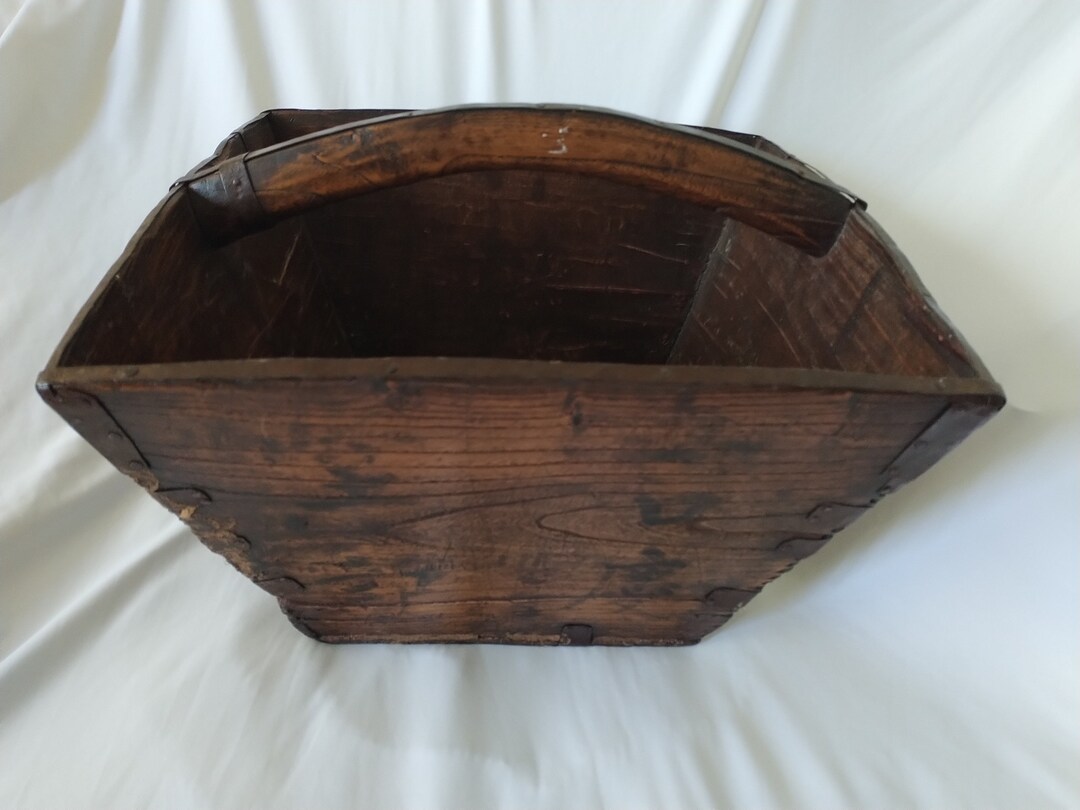 Vintage Antique Chinese Wooden Rice Basket Bucket Box With Iron ...