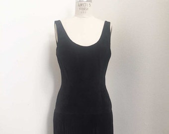 Vintage Melanzona Black Suede Fringe Party Dress