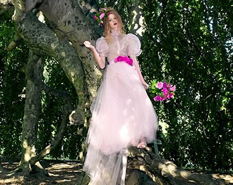 Ethereal Long Floral Applique Pink Tulle Skirt