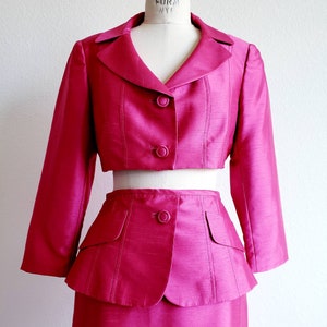 Vintage Upcycled Tahari Pink Fuschia Suit With Cropped Jacket and Peplum Skirt
