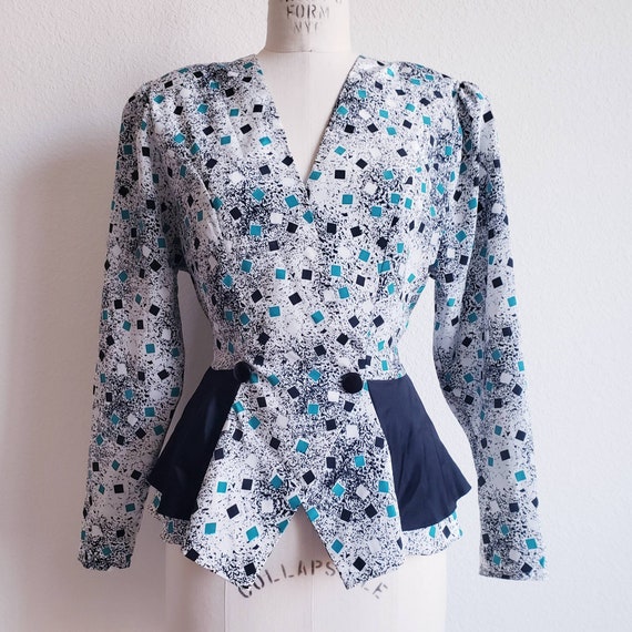 Vintage 80s White Turquoise  Black Geometric Print