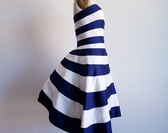 Vintage 80s Blue And White Stripe Victor Costa Party Dress