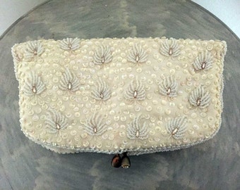 Vintage Cream Beaded Foldover Purse