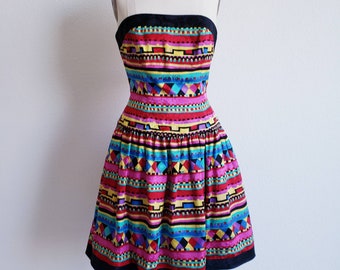 Vintage 80s/90s Colorful Rainbow Silk Cocktail Mini Short Dress