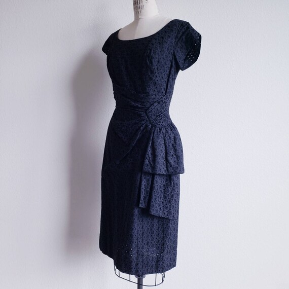 Vintage Black Eyelet 50s Drape Front Wiggle Dress - image 3