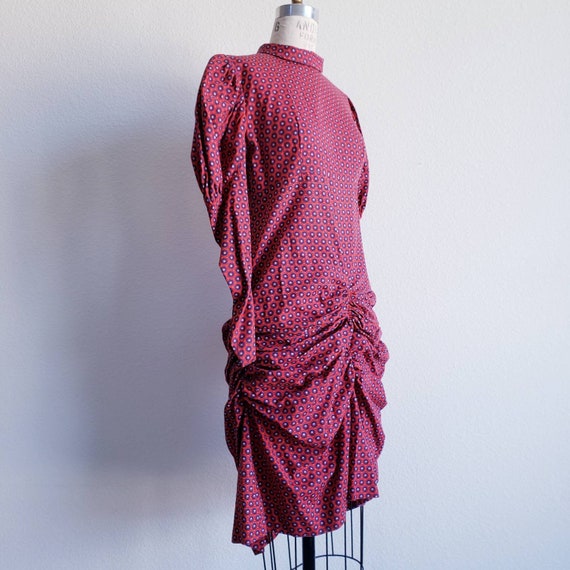 Vintage 70s Reworked Red Blue Bustle Ruched Dress