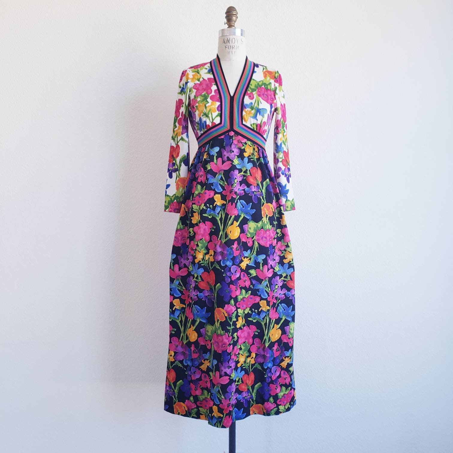 1960s Multi Color Goldworm Plunge Maxi Dress