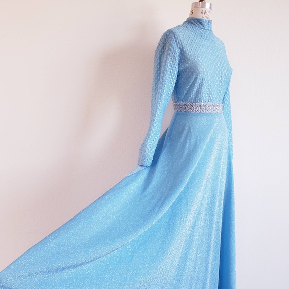 Vintage 70s Blue Lurex Maxi Dress
