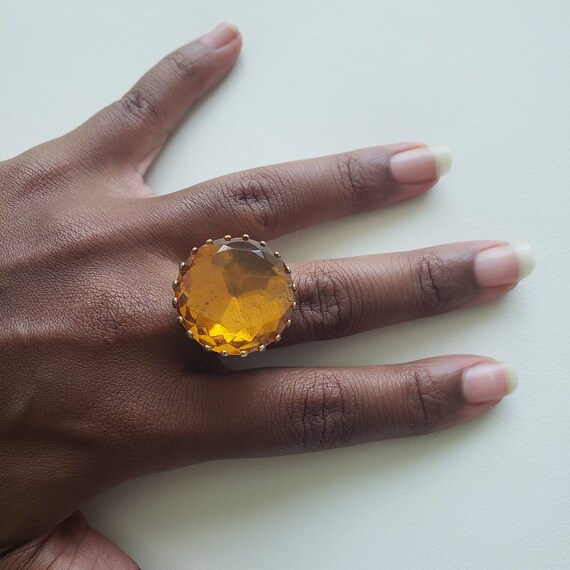 Vintage Clear Amber Gold Tone Statement Ring Gem