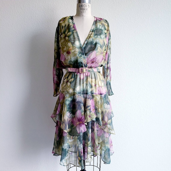 Vintage 80s Chiffon Floral Ruffle Batwing Sleeve D