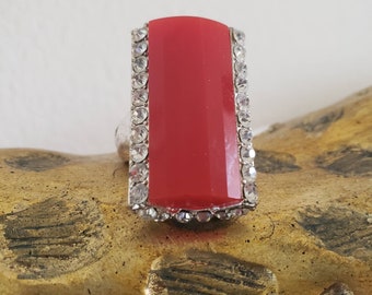 Vintage Red Rectangular Faceted Bead And Rhinestone Statement Ring