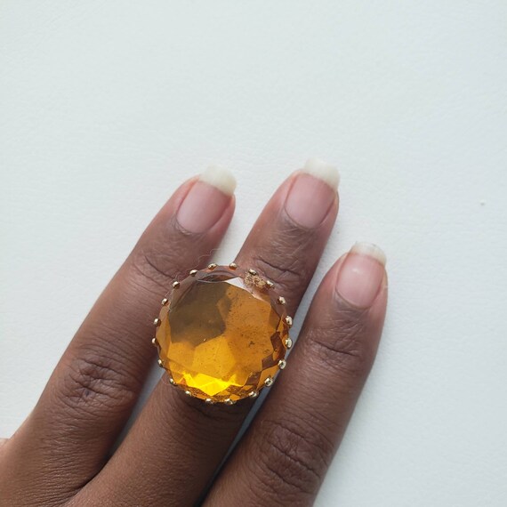 Vintage Clear Amber Gold Tone Statement Ring Gem