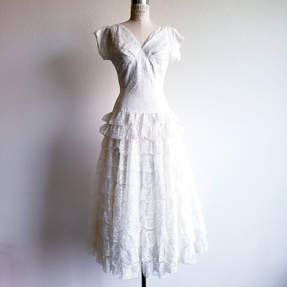 Vintage 50s/60s Off White Drop Waist Tiered Lace … - image 1