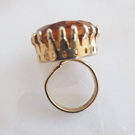 Vintage Clear Amber Gold Tone Statement Ring Gem