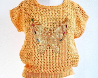 Vintage 80s Orange Butterfly Open Knit Short Sleeve Sweater Top