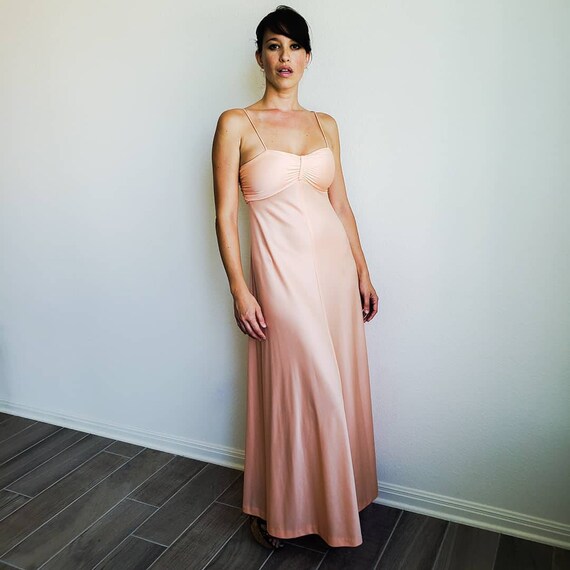 Vintage 70s Peach Empire Waist Disco Maxi Dress