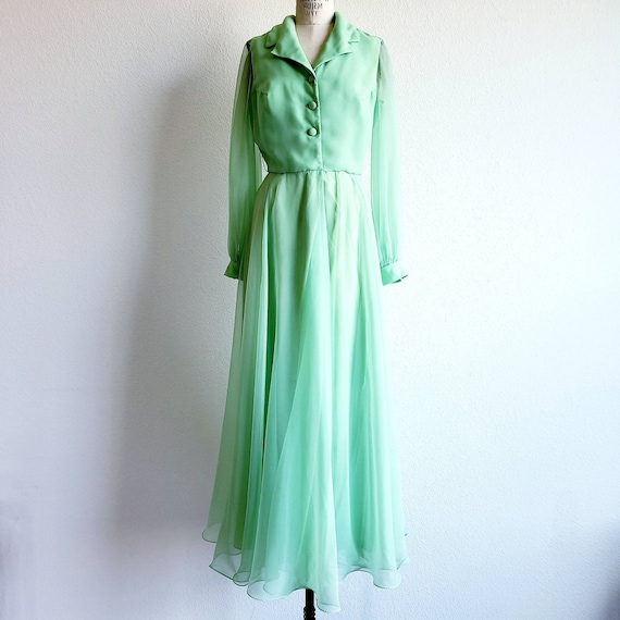 Vintage 70s Lime Green Chiffon Miss Elliette Maxi