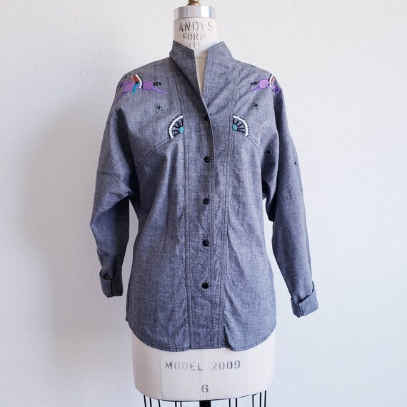 Vintage Chambray Gray Western Beaded Dolman Sleev… - image 3