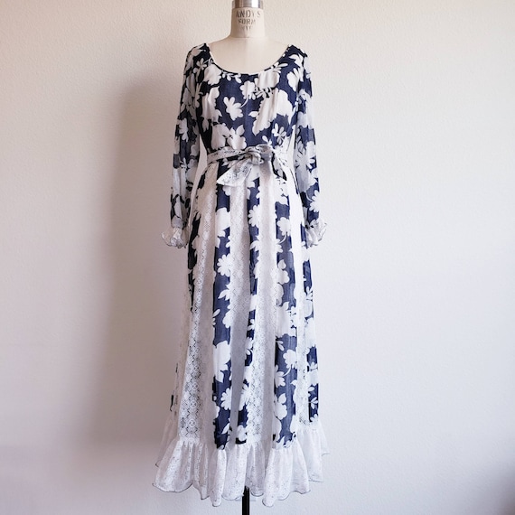Vintage 70s Blue And White Prairie Maxi Dress