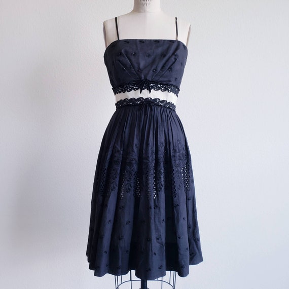 Vintage 50s Black Eyelet Dress - Gem