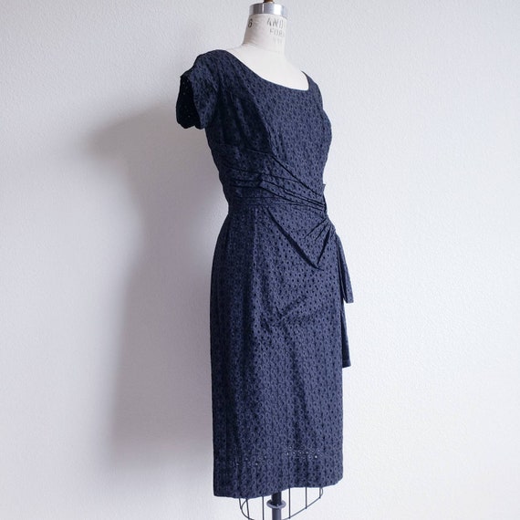 Vintage Black Eyelet 50s Drape Front Wiggle Dress - image 1