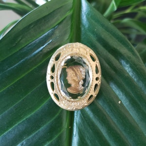 Vintage Clear And Gold Tone Cameo Brooch Pin