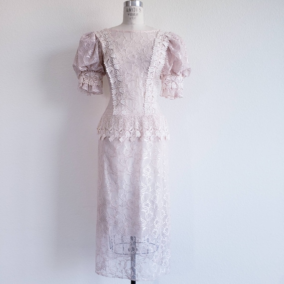 80s Does Victorian Pink Sheer Lace Dress