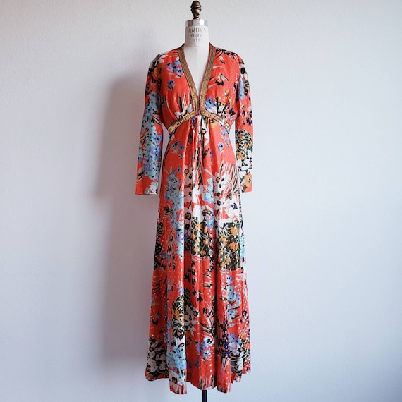 Vintage 70s Dotted Lame' Metallic Orange Maxi Dres