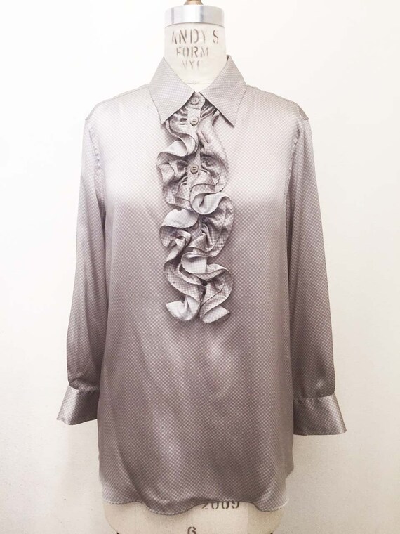 Vintage Armani Ruffle Collar Silk Checkered Blouse