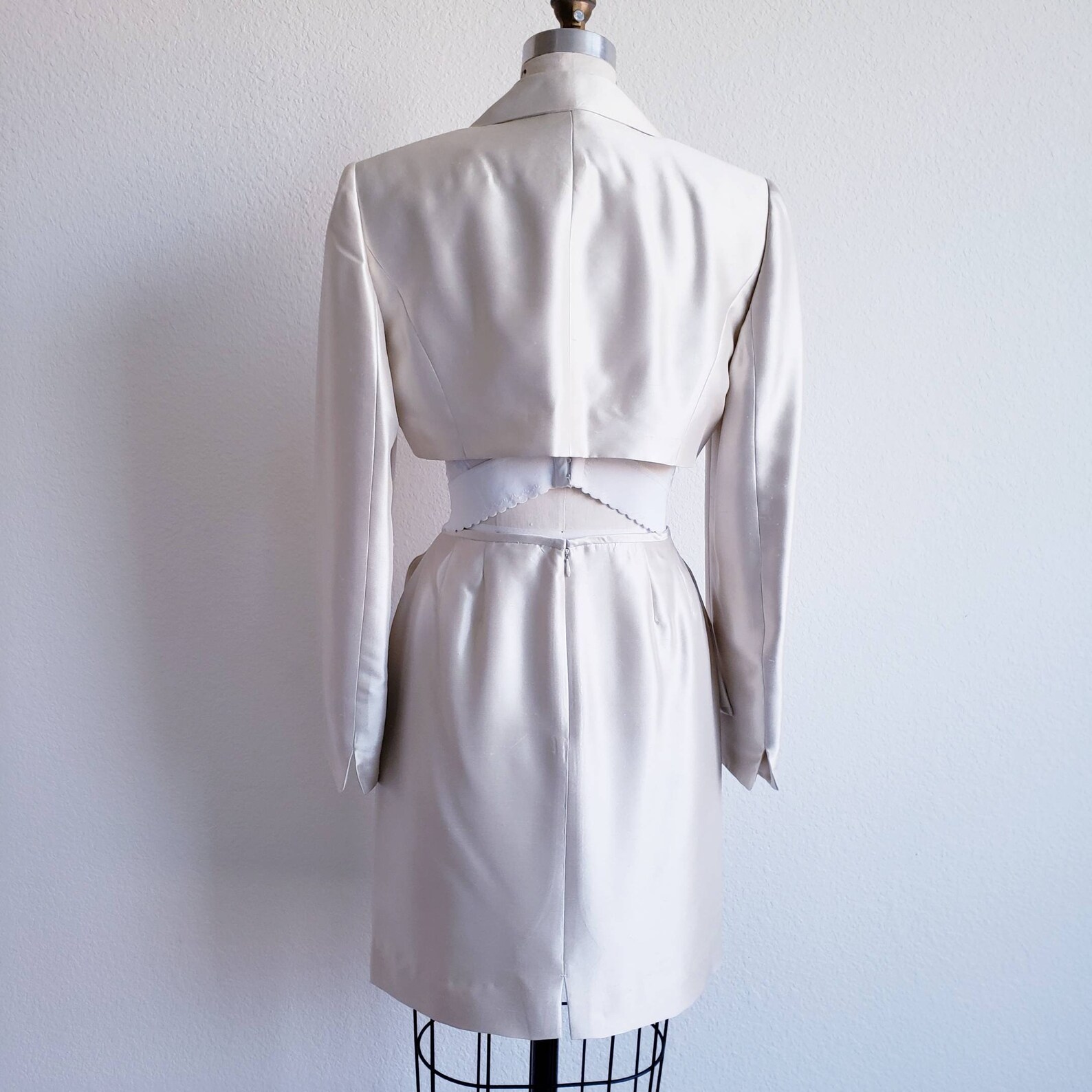 Vintage Upcycled Tahari Champagne Silk Suit With Cropped Jacket and Peplum Skirt