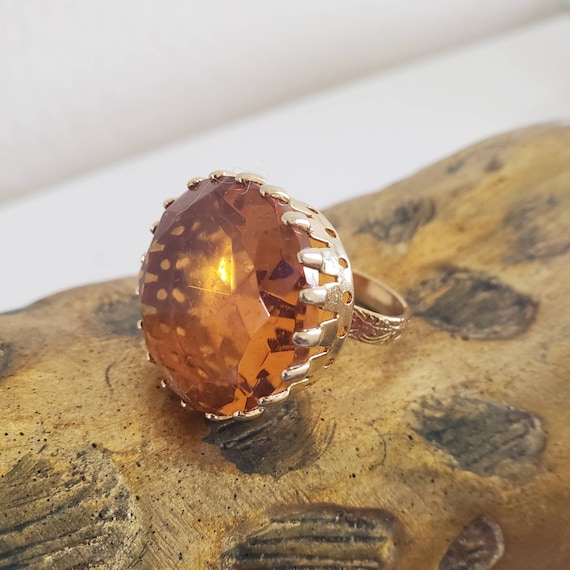 Vintage Clear Amber Gold Tone Statement Ring Gem