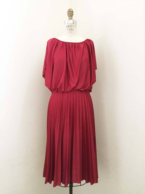 70s Cranberry Dress with Pleated Skirt