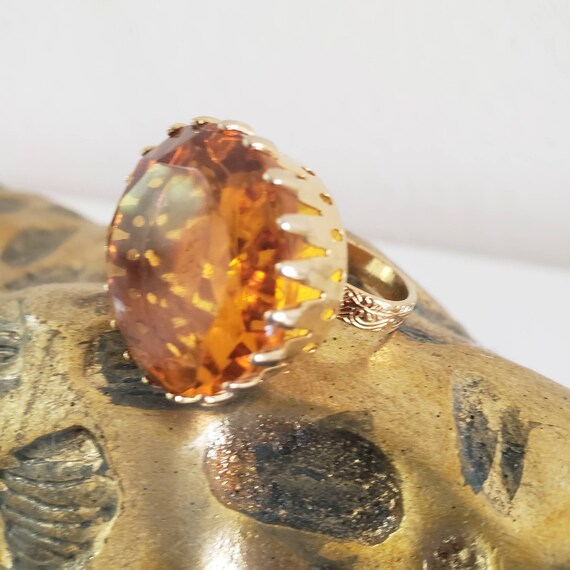 Vintage Clear Amber Gold Tone Statement Ring Gem