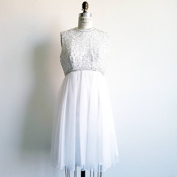 Vintage 60s Beaded White Chiffon Mod Dress