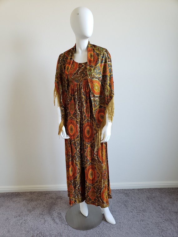 Vintage 70s Paisley Jumpsuit with Fringed Shawl