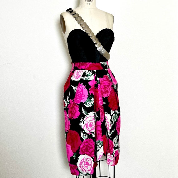 Vintage 80s Flora Kung Silk Rose Skirt - image 1