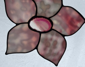 Stained Glass Art Pink Flower Sun Catcher with Agate Center