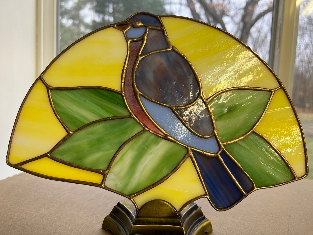 Stained Glass Fan Lamp Bluebird With Antique Brass Base Etsy