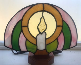 Stained Glass Candle Fan Lamp with Cherry Base