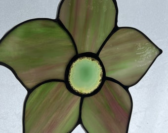 Stained Glass Art Pink/Green Flower Sun Catcher with Agate Center