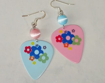 Flower Guitar Pick Earrings Flower Power Pink Blue Handmade Hippie