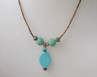 Turquoise Bronze Necklace Pendant Earthy Beaded Jewelry Turquoise Howlite Nugget Handmade OOAK