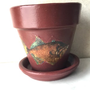 Decoupaged Terra Cotta Pot Small Fish Burgundy Planter Handmade Flower Pot