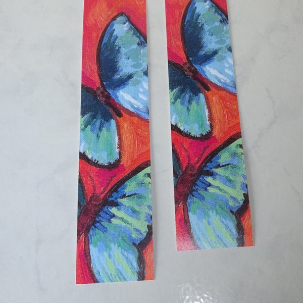 Butterfly Bookmark Original Art Print Turquoise Butterfly Orange Set of 2  8 1/4" by 2"