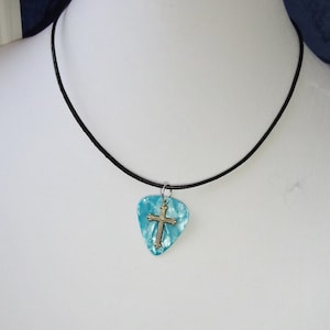 Guitar Pick Necklace Blue with Cross Charm on Black Leather Handmade
