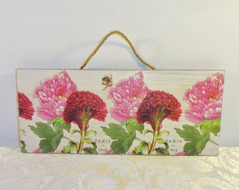 Decoupaged Wall Plaque Pink Flowers Rectangular Wall Hanging Hot Pink Zinnias