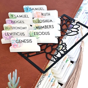 May include: A brown leather Bible with white tab dividers labeled with book names like Genesis, Exodus, and Numbers. Each tab features a watercolor succulent design. A black floral bookmark and tassel are also visible.