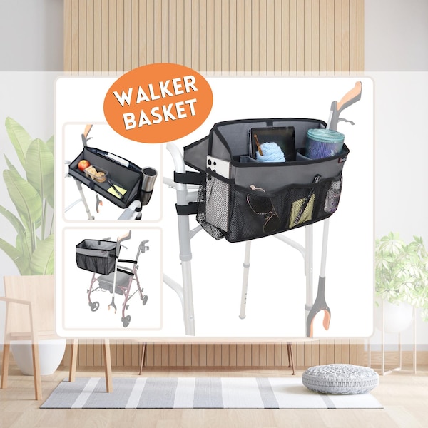 Walker Basket +Handy Flip-Down Shelf Tray for Walker or Rollator | Strap Holds Cane orGrabber, Walker Accessories Organizer for Seniors -Gry